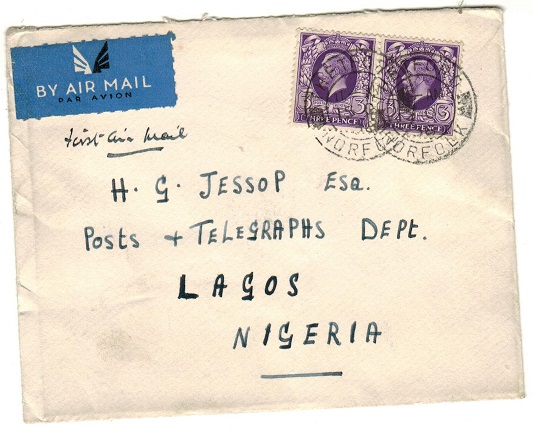 NIGERIA - 1936 inward first flight cover from UK.