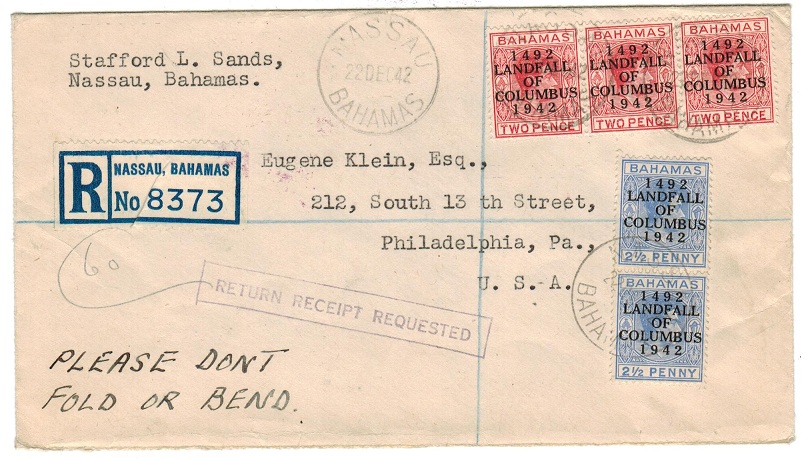 BAHAMAS - 1942 registered cover to USA handstamped RETURN RECEIPT REQUESTED.