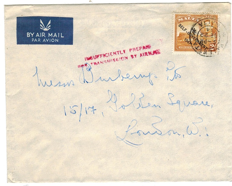 MALTA - 1954 cover struck by INSUFFICIENTLY PREPAID/FOR TRANSMISSION BY AIRMAIL h/s.