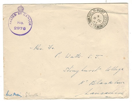 GIBRALTAR - 1942 stampless censor cover to UK used at FPO/475.