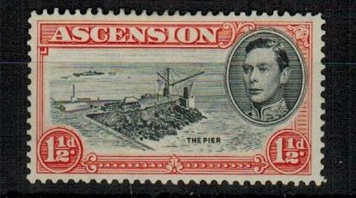 ASCENSION - 1944 1d black and vermilion mint showing the DAVIT FLAW. SG 40ba.
