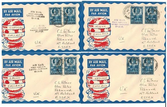 NIGERIA - 1936 four first flight covers to UK from differing Nigerian stages.