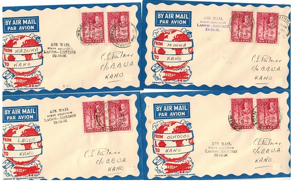 NIGERIA - 1936 four internal first flight covers to Kano from differing stages.