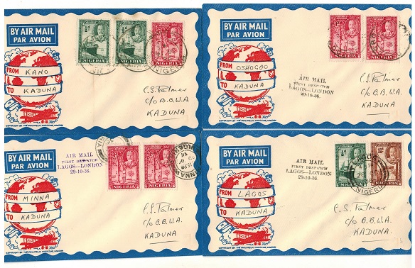 NIGERIA - 1936 four internal first flight covers to Kaduna from differing stages.