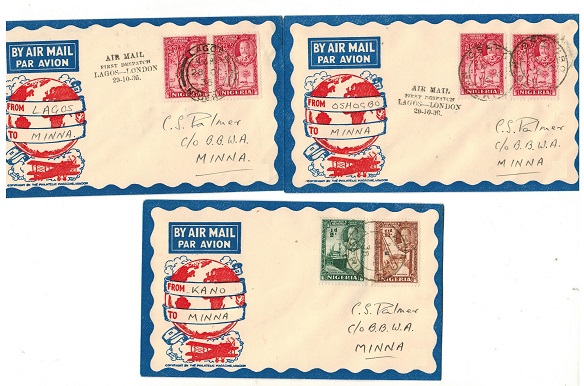 NIGERIA - 1936 three internal first flight covers to Minna from differing stages.
