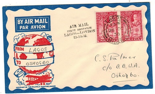 NIGERIA - 1936 first flight cover to Osogbo bearing 1d pair tied LAGOS.