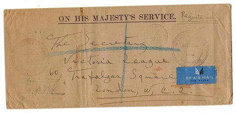 SEYCHELLES - 1944 registered OHMS cover to UK with OFFICIAL/PAID handstamp.