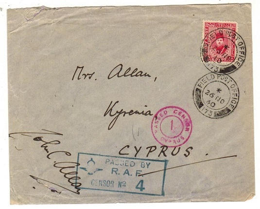 CYPRUS - 1940 inward cover from Egypt with 