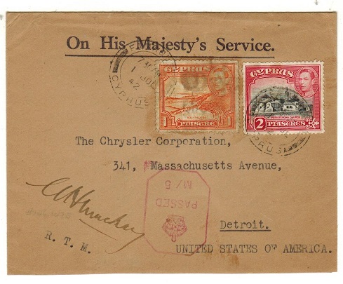 CYPRUS - 1942 3p rate use of OHMS envelope to USA with 
