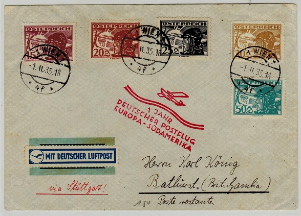 GAMBIA - 1935 inward Graf Zeppelin flight cover from Austria.