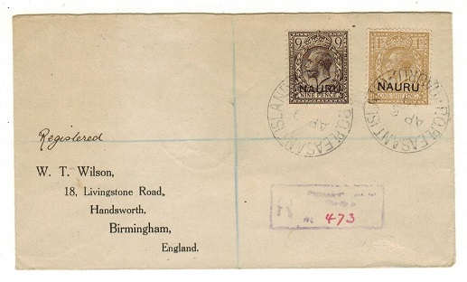 NAURU - 1919 9d+1/- adhesives on registered cover to UK used at PLEASANT ISLAND/NAURU.