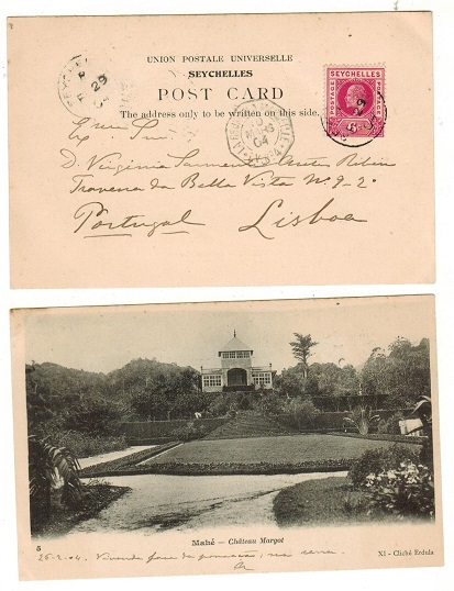 SEYCHELLES - 1904 6c rate postcard use to Portugal with French maritime h/s.