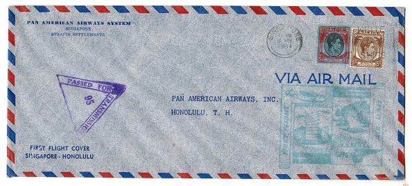 SINGAPORE - 1941 censored first flight cover to Honolulu.