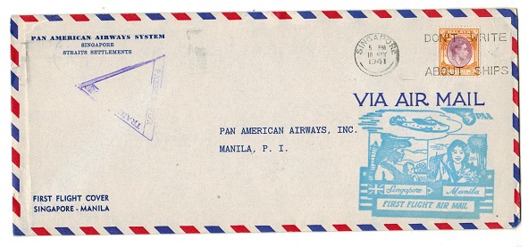 SINGAPORE - 1941 censored first flight cover to Manila.