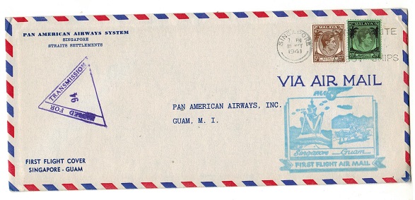 SINGAPORE - 1941 censored first flight cover to Guam.