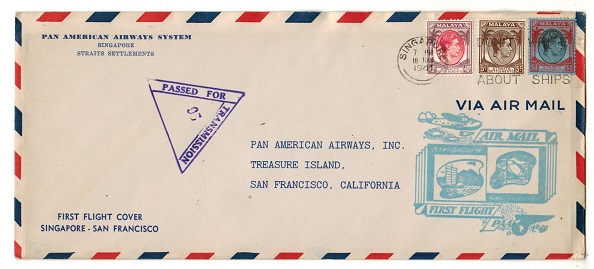 SINGAPORE - 1941 censored first flight cover to USA.