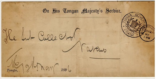 TONGA - 1896 O.H.T.M.S. unstamped local cover struck by 