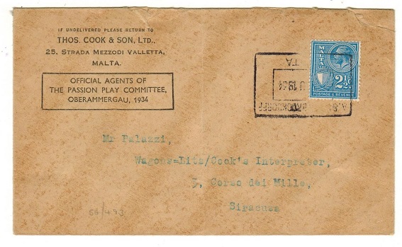 MALTA - 1934 2 1/2d rate local cover cancelled by 