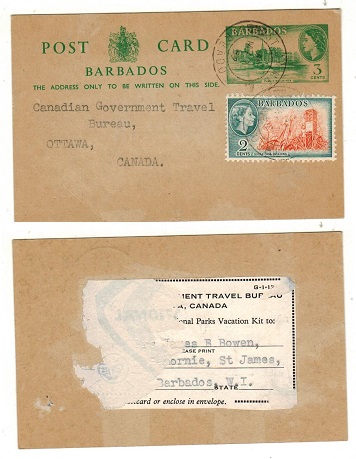 BARBADOS - 1959 3c green PSC uprated to Canada and used at ST.LAWRENCE. H&G 16.