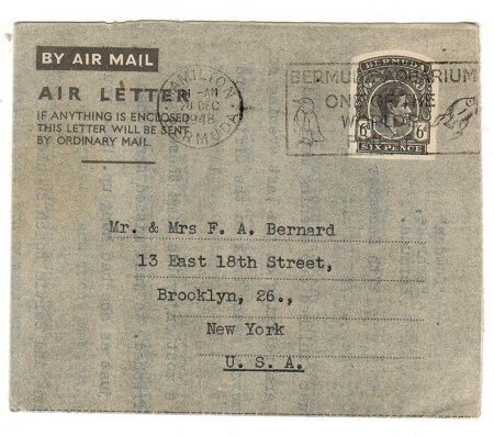 BERMUDA - 1945 6d black grey postal stationery air letter used to USA.  H&G 1.