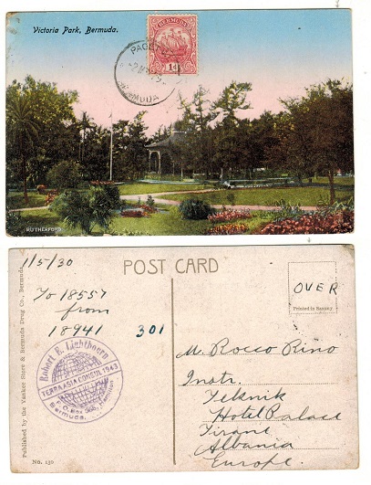 BERMUDA - 1929 1d rate postcard use to Albania used at PAGET WEST.