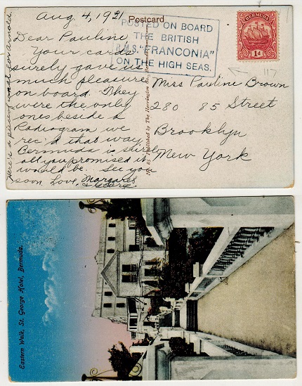 BERMUDA - 1921 1d rate postcard use to UK used on R.M.S.FRANCONIA.