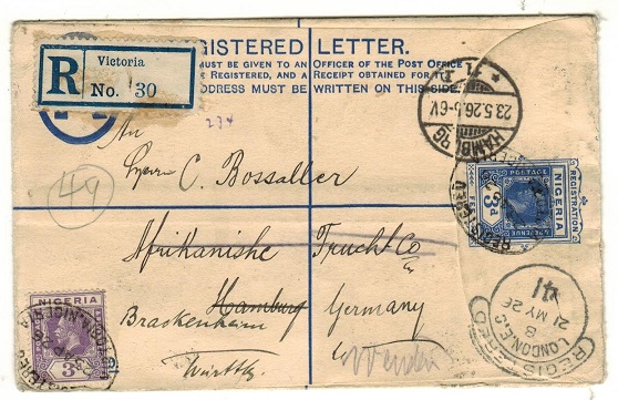 CAMEROONS - 1926 3d blue RPSE of Nigeria addressed to Germany uprated and used at VICTORIA.