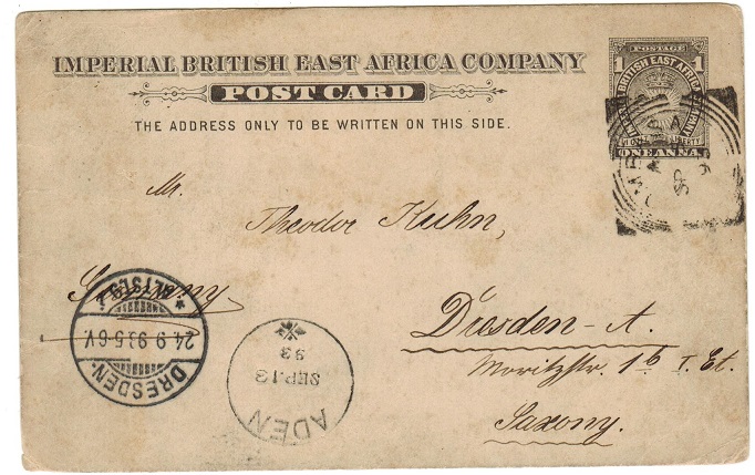 BRITISH EAST AFRICA - 1893 1a grey PSC to Germany used at MOMBASA.  H&G 2.