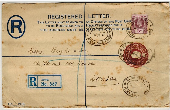 GOLD COAST - 1924 3d brown RPSE uprated to UK cancelled REGISTERED/ACCRA GOLD COAST.  H&G 11e.