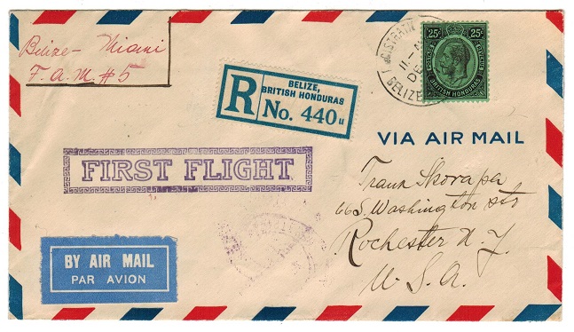 BRITISH HONDURAS - 1931 25c rate registered first flight cover to USA.