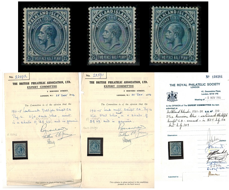FALKLAND ISLANDS - 1921-28 6 mint shades of the 2 1/2d (3 with certificates).  SG 76/76b.
