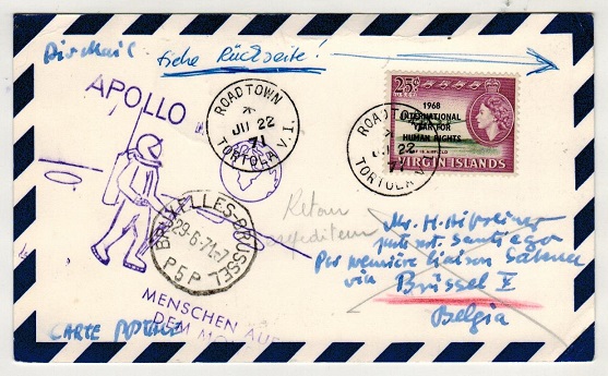 BRITISH VIRGIN ISLANDS - 1971 25c rate card to Germany with violet APOLLO cachet.