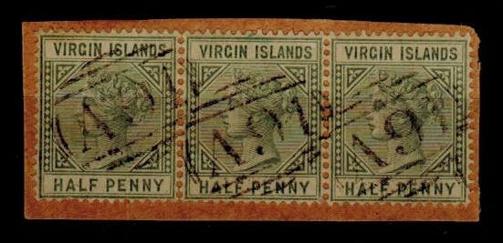 BRITISH VIRGIN ISLANDS - 1883 1/2d dull green (x3) on small piece cancelled by 