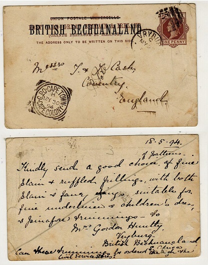 BECHUANALAND - 1888 1d brown PSC to UK used at VRYBURG.  H&G 4.