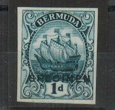 BERMUDA - 1910 1d imperforate PRINTERS TRIAL in indigo overprinted SPECIMEN.