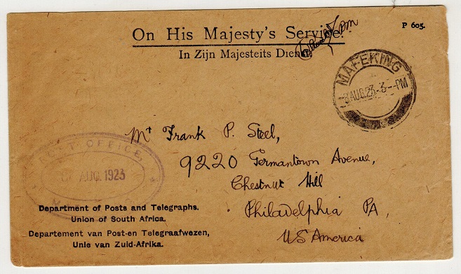 BECHUANALAND - 1923 OHMS cover to USA used at MAFEKING.