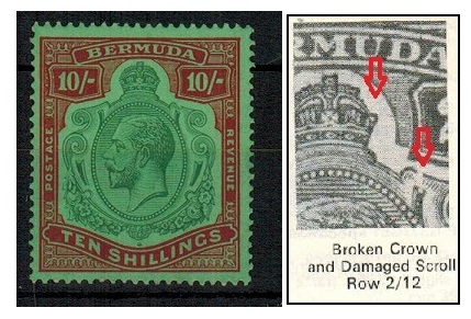 BERMUDA - 1930 10/- U/M with BROKEN CROWN AND SCROLL variety. SG 92gb.