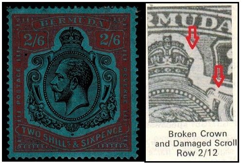 BERMUDA - 1931 2/6d fine mint condition with BROKEN CROWN AND SCROLL variety.  SG89jb.

