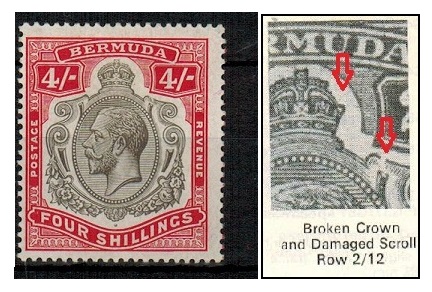 BERMUDA - 1920 4/- fine mint with BROKEN CROWN 
AND SCROLL variety.  SG 52bb.
