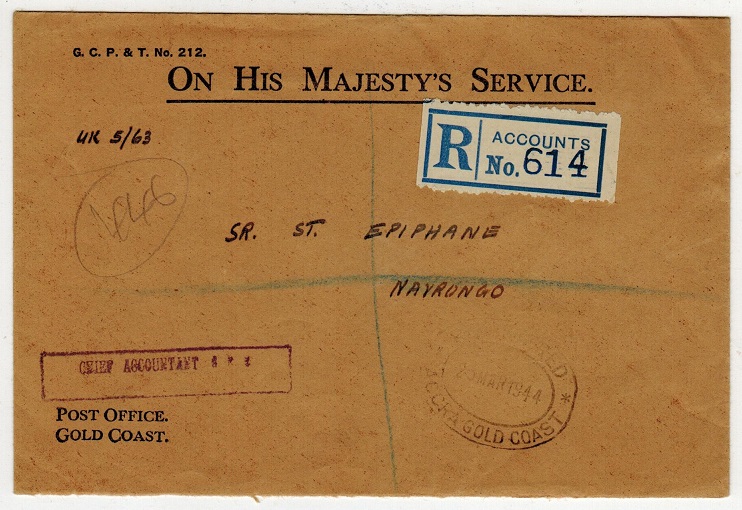 GOLD COAST - 1944 OHMS local registered cover used at ACCRA with rare 