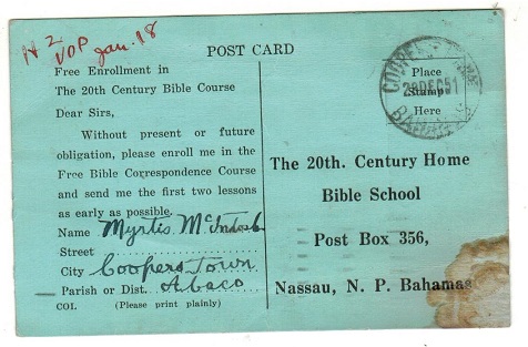 BAHAMAS - 1951 use of bible course card locally 
used at COOPERS TOWN/BAHAMAS cds.
