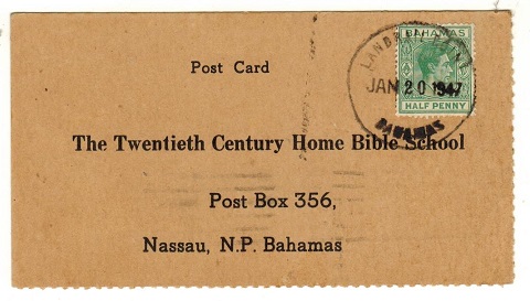 BAHAMAS - 1947 use of bible course card addressed locally used at LANDRAIL POINT/BAHAMAS. 