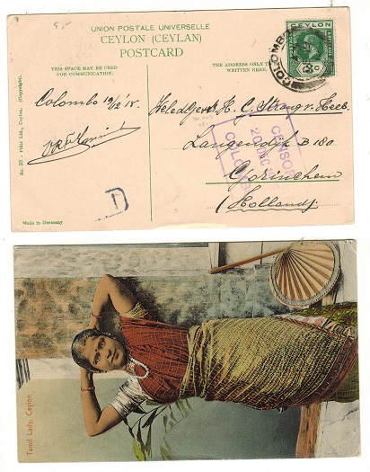 CEYLON - 1915 3c rate censored postcard to Holland used at COLOMBO.