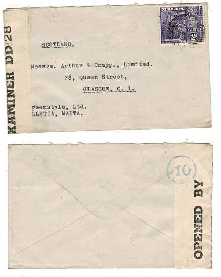 MALTA - 1944 2 1/2d rate censor cover to UK used at VALLETTA.