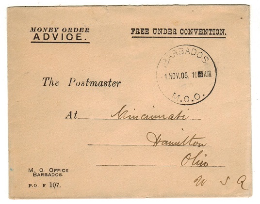 BARBADOS - 1906 use of MONEY ORDER ADVICE form to USA used at BARBADOS/MONEY ORDER OFFICE.