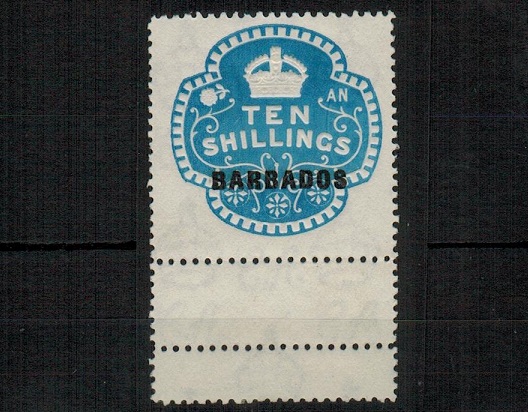 BARBADOS - 1934 10/- blue embossed REVENUE adhesive mint.