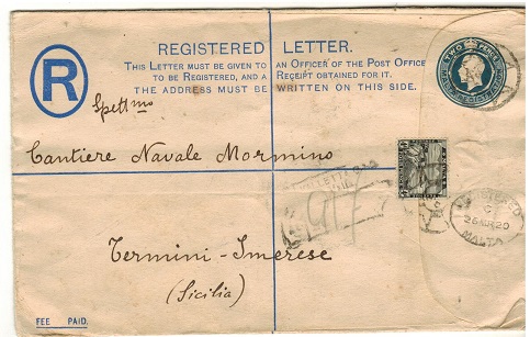 MALTA - 1912 2d blue RPSE to Italy uprated with 4d adhesive.