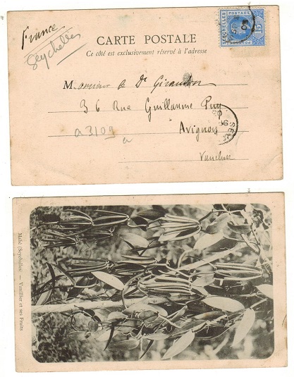 SEYCHELLES - 1903 15c rate postcard use to France.