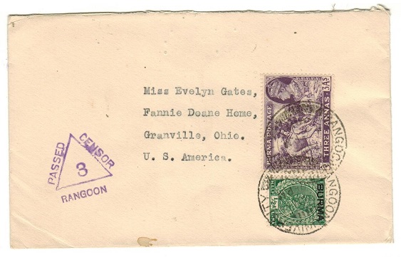 BURMA - 1939 3 1/2a rate censor cover to USA used at RANGOON UNIVERSITY.