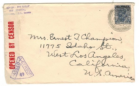 BURMA - 1941 3a6p rate censor cover to USA used at TONGYI.